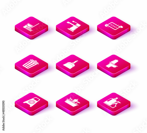 Set Wet floor and cleaning in progress, Plastic bottles for liquid dishwashing liquid, Trash can, Dustpan, Toilet bowl, Bar of soap with foam and Water tap icon. Vector