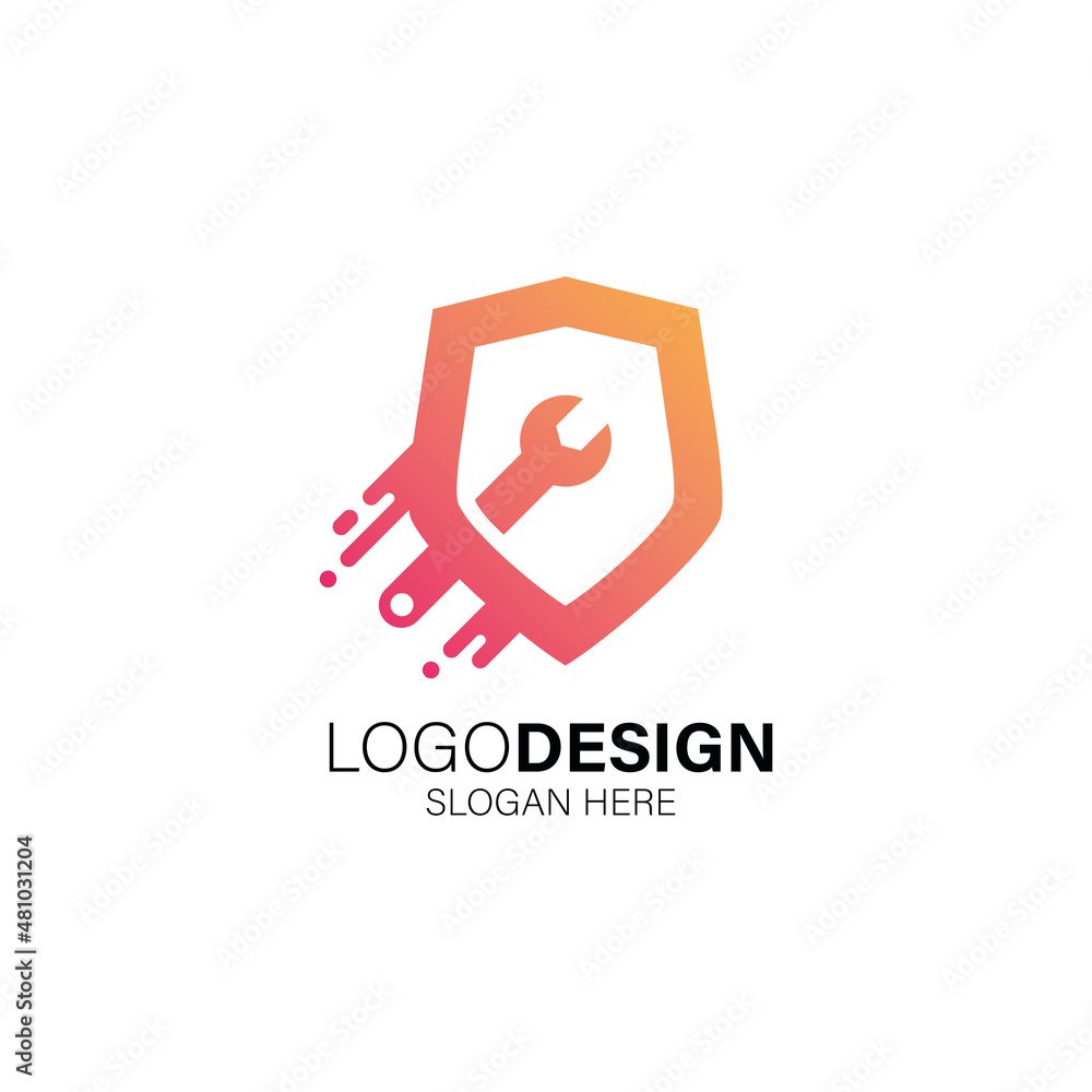 Shield and wrench for repair and protection logo design Shield and wrench for repair and protection logo design