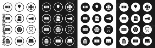 Set Movie spotlight, Scenario, Online play video, , Megaphone, Balloon with ribbon, Director movie chair and VHS cassette tape icon. Vector