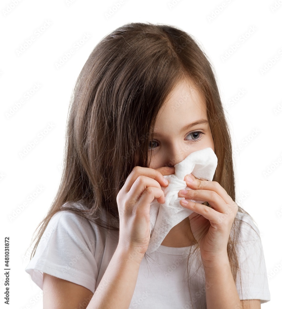 Little girl with allergies wipes her nose with a handkerchief Little girl with allergies wipes her nose with a handkerchief