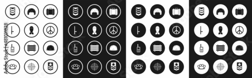 Set Military ammunition box, Aviation bomb, Police rubber baton, rank, Peace, helmet, and Walkie talkie icon. Vector
