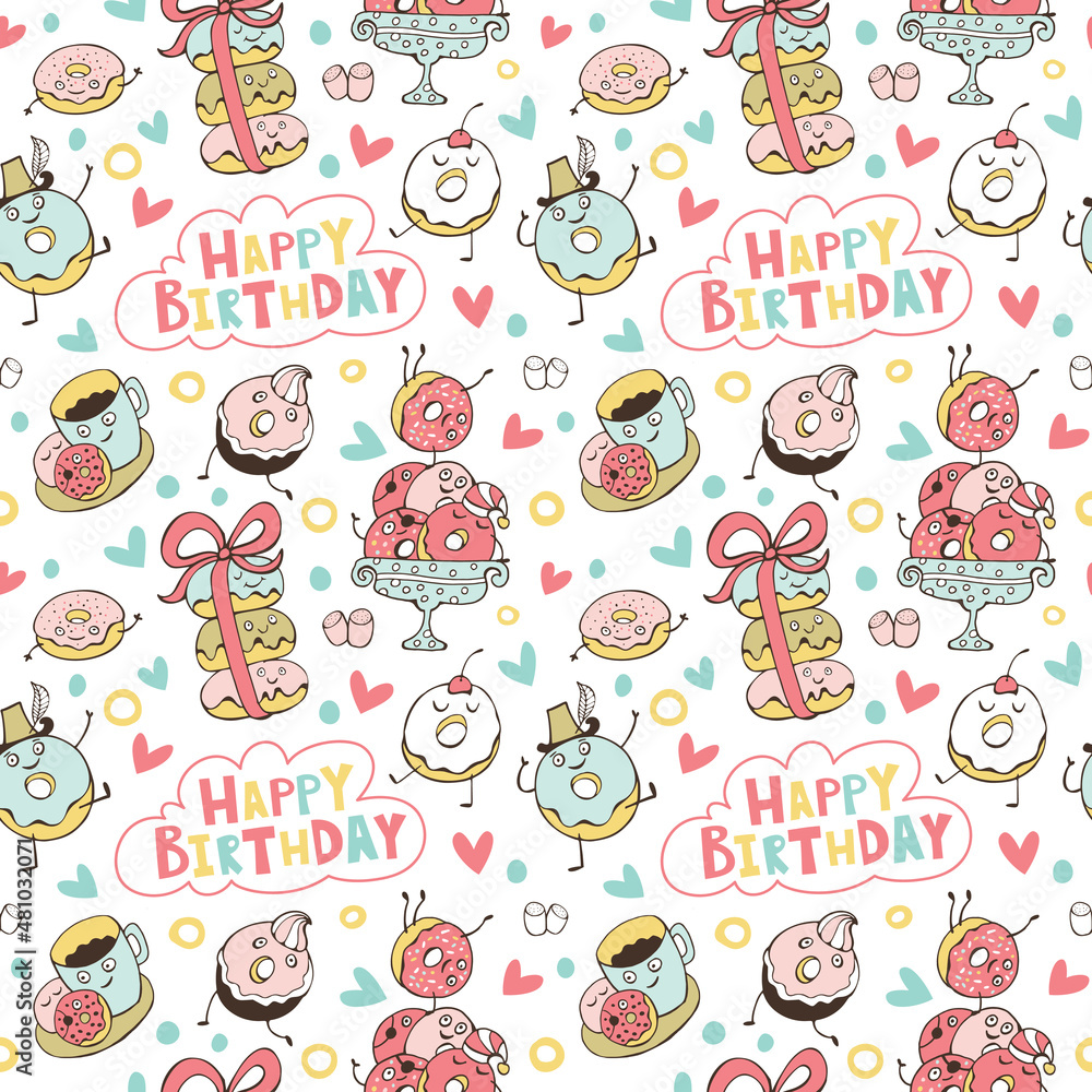 Seamless pattern with sweets and donuts. Happy Birthday. Seamless pattern with sweets and donuts. Happy Birthday.