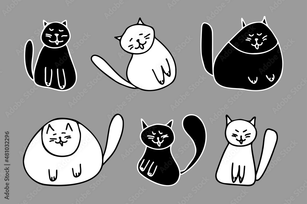 Funny plumpy black and white cats set. Cute hand drawn cats. Kitty