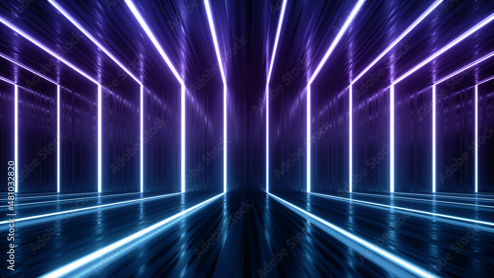 3d render, abstract geometric background with glowing stripes, empty room with floor reflections