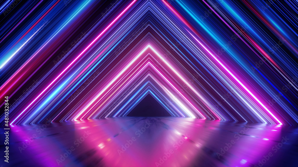 Fototapeta premium 3d render, abstract neon background with colorful glowing lines, triangular geometric shape, empty stage