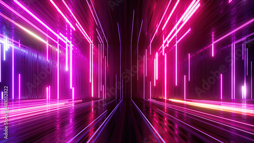 3d render, abstract neon background with glowing lines, empty room with floor reflections