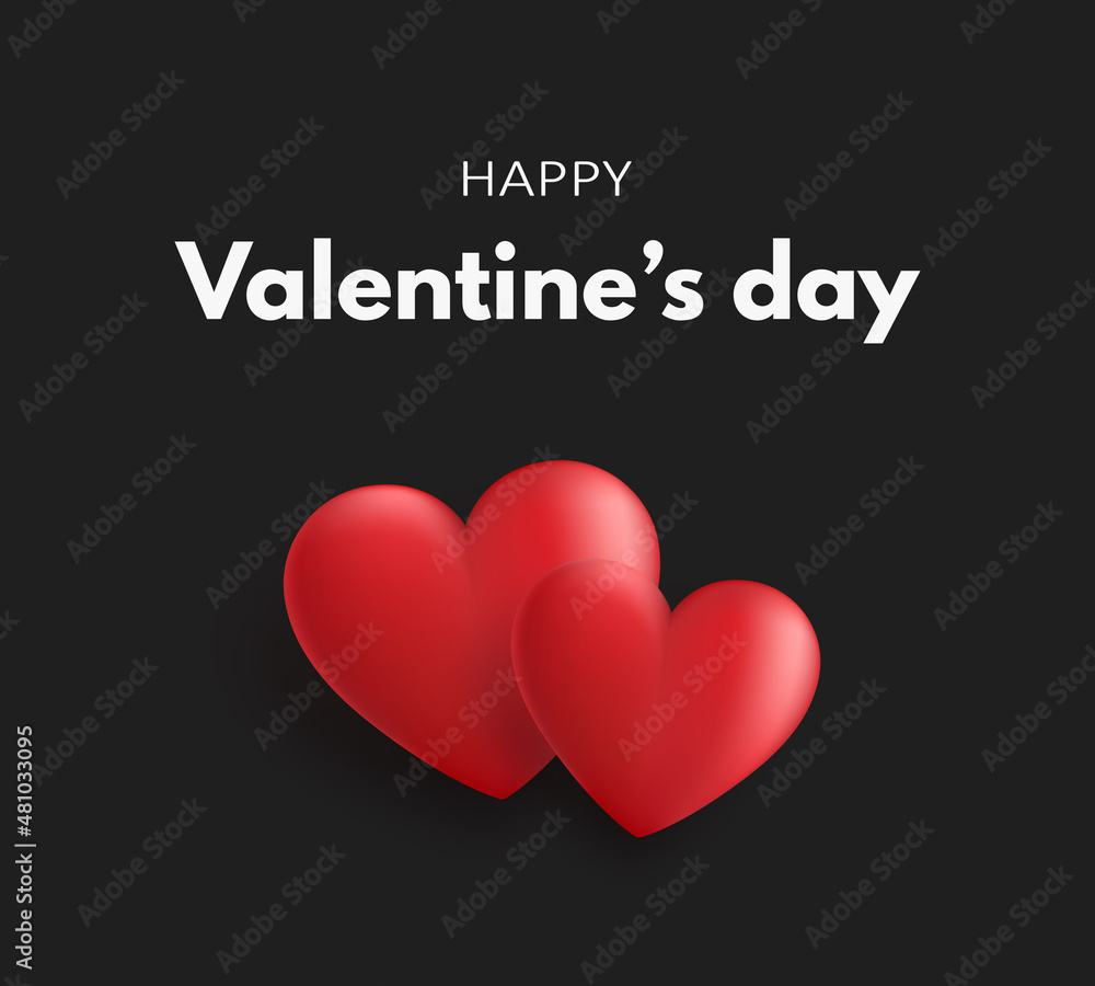 Happy Valentines day banner with two red 3d hearts on a black background. Vector illustration