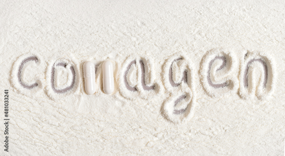 Fototapeta premium Collagen powder and pills background closeup. Collagen inscription. Natural supplement for health and beauty. View from above.
