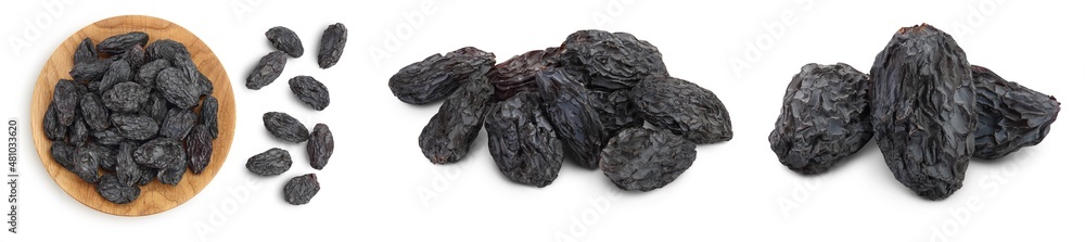 Black raisin isolated on white background with clipping path. Top view. Flat lay, Set or collection Black raisin isolated on white background with clipping path. Top view. Flat lay, Set or collection