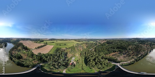 Stone dam with an arch bridge The dam of the Sedlice reservoir by Humpolec city, Vysocina region Czech republic Kamenná hráz s obloukovým mostem Hráz vodní nádrže Sedlice aerial scenic panorama view
 photo