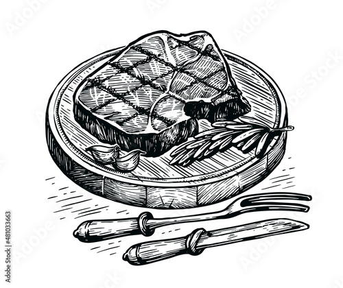 Steak sketch. Hand drawn meat product. Vector vintage illustration. Menu design