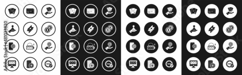 Set Hand holding deck of playing cards, Lottery ticket, money bag, Playing with diamonds, Casino chip dollar, Credit, casino chips and Online poker table game icon. Vector