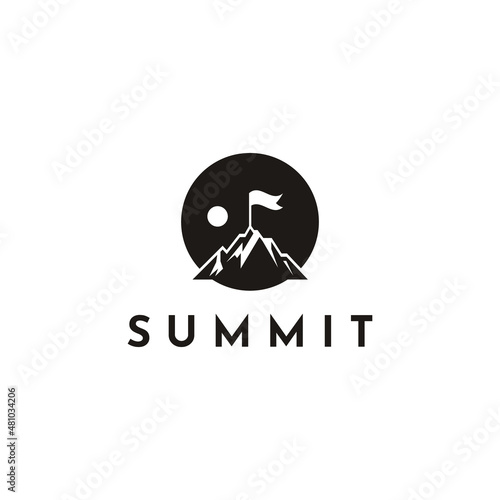 Simple Mountain Summit and sun or moon logo, mountain peak logo icon vector design template
