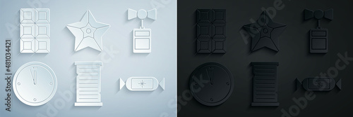 Set Christmas wish list template, Price tag with an inscription Sale, Clock, Candy, star and Chocolate bar icon. Vector