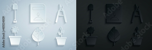Set Leaf, Gardening handmade scissors, Flower pot, Plant, A pack full of seeds of specific plant and Shovel icon. Vector