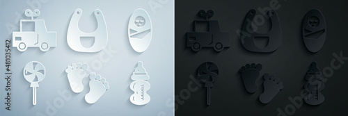 Set Baby footprints, Newborn baby infant swaddled, Lollipop, bottle, bib and Toy car icon. Vector