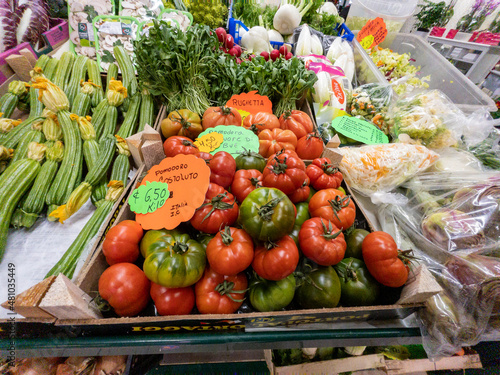 red and green tomatoes at an Italian produce market