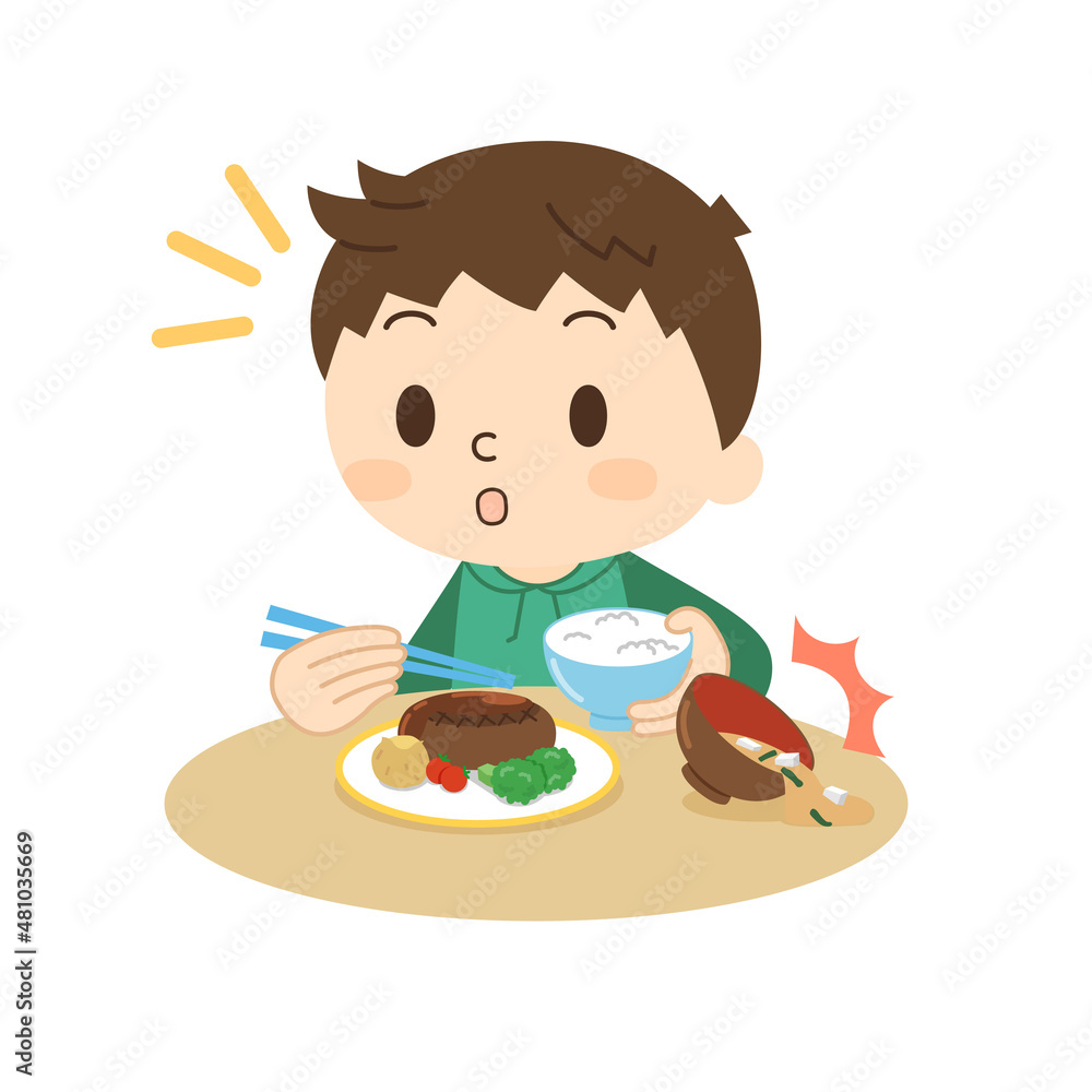 食事中によそ見をして味噌汁をこぼす男の子 食事中によそ見をして味噌汁をこぼす男の子