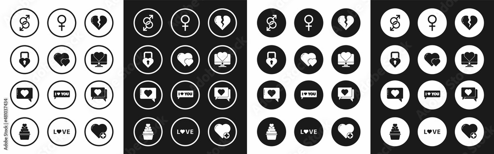 Set Broken heart or divorce, Heart, Castle in the shape of, Male gender symbol, Computer monitor with, Female, Like and and icon. Vector