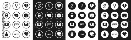 Set Broken heart or divorce, Heart, Castle in the shape of, Male gender symbol, Computer monitor with, Female, Like and and icon. Vector