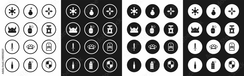 Fototapeta premium Set Japanese ninja shuriken, Hand grenade, Viking horned helmet, Police badge, Handle detonator for dynamite, Bomb ready explode, Chevron and Medieval sword icon. Vector