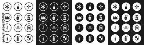 Set Japanese ninja shuriken, Hand grenade, Viking horned helmet, Police badge, Handle detonator for dynamite, Bomb ready explode, Chevron and Medieval sword icon. Vector