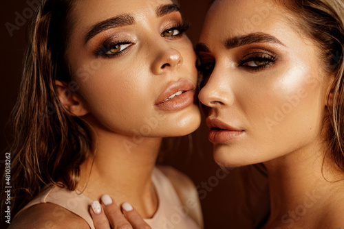 Beauty portrait of two beautiful young women with glowing glamour makeup and long wet hair. Aesthetic medicine concept. photo