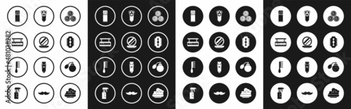 Set Towel rolls, Makeup powder with mirror, Barbershop, Shaving gel foam, Blade razor, Electric blade for men, Aftershave bottle atomizer and Hairbrush icon. Vector
