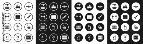 Free Download Set Smartwatch, Pills in blister pack, Air headphones, Factory conveyor system belt, Rocket ship with fire, Virtual reality glasses, Social network and Motion sensor icon. Vector - GFXLoad