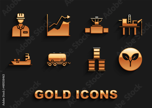 Set Oil railway cistern, platform in the sea, Bio fuel, Barrel oil, tanker ship, Industry pipe and valve, Oilman and price increase icon. Vector
