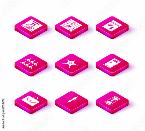 Set Briefcase, Pen, Jurors, Hexagram sheriff, Old hourglass with sand, Prison cell door, Evidence bag bullet and Suspect criminal icon. Vector