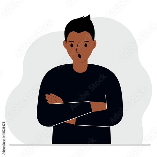 The man is screaming and upset. The arms are crossed over the chest. Vector
