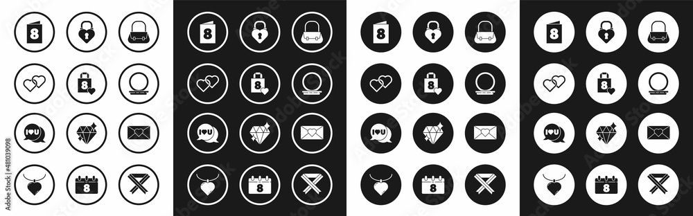 Set Handbag, Shopping with heart, Two Linked Hearts, Greeting card 8 March, Makeup powder mirror, Castle the shape of, Envelope and Speech bubble I love you icon. Vector Set Handbag, Shopping with heart, Two Linked Hearts, Greeting card 8 March, Makeup powder mirror, Castle the shape of, Envelope and Speech bubble I love you icon. Vector