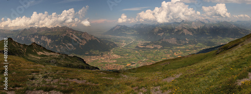 View of the Swiss Rhine Valley from the Pizol, European Alps