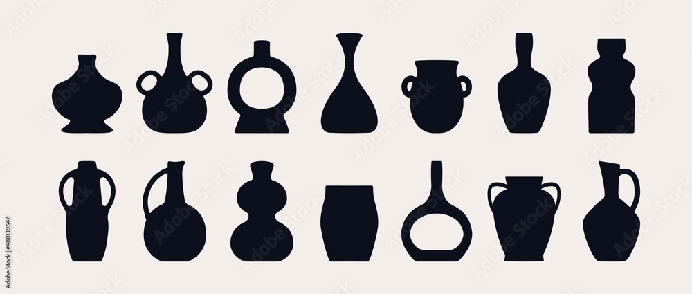 Antique pottery set. Ancient black ceramic vase amphora jar silhouette shapes, hand drawn isolated icons. Trendy vector illustration - obrazy, fototapety, plakaty 