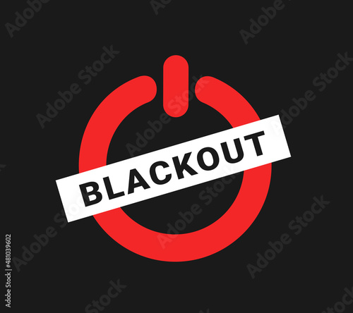 Blackout - electrical power outage. Electricity and failure of eletric energetics. Symbol, sign, icon, pictogram and text. Vector illustration isolated on black.