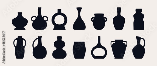 Antique pottery set. Ancient black ceramic vase amphora jar silhouette shapes, hand drawn isolated icons. Trendy vector illustration