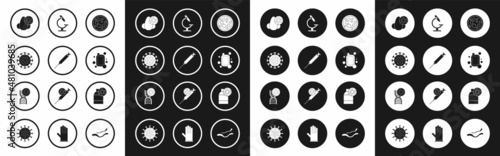 Set Virus, Syringe, Runny nose and virus, Bar of soap, Microscope, Bottle with and DNA symbol icon. Vector