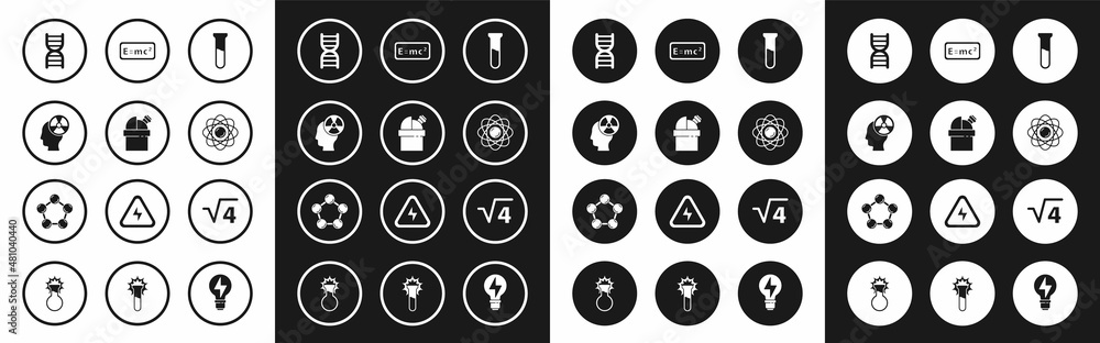 Set Test tube and flask, Astronomical observatory, Head radiation symbol, DNA, Atom, Equation solution, Square root of 4 glyph and Molecule icon. Vector Set Test tube and flask, Astronomical observatory, Head radiation symbol, DNA, Atom, Equation solution, Square root of 4 glyph and Molecule icon. Vector