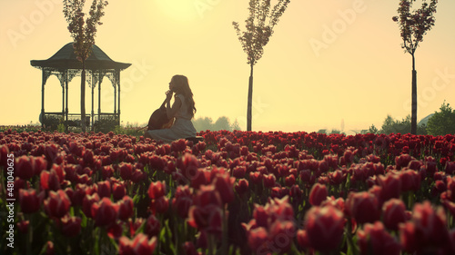 Leinwand Poster Unknown woman playing cello in blooming garden in springtime