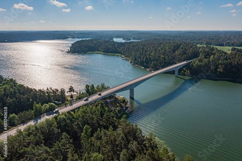 Finland. Porgas. Turku archipelago. July 12, 2021..View of the sea and the bridge over the archipelago islands in Turku. Seascape on a summer sunny day. the view from the top from the drone.