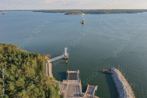 Finland. Porgas. Turku archipelago. July 12, 2021. Sea crossing view from the top from the drone. Sea, island and ferry views. photo