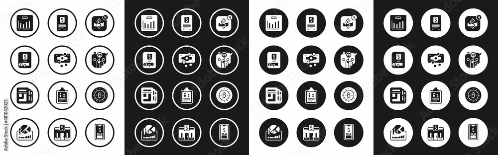 Set Mobile stock trading, Stacks paper money cash, Financial book, Pie chart infographic, Bull and bear of market, Business finance report, Bitcoin and Stock news icon. Vector Set Mobile stock trading, Stacks paper money cash, Financial book, Pie chart infographic, Bull and bear of market, Business finance report, Bitcoin and Stock news icon. Vector