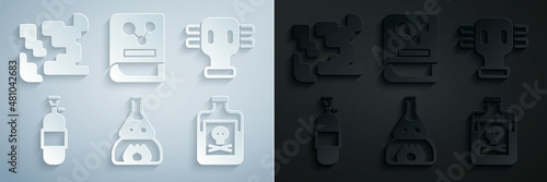 Set Test tube flask on fire, Gas mask, Propane gas tank, Poison in bottle, Chemistry book and Gaseous icon. Vector