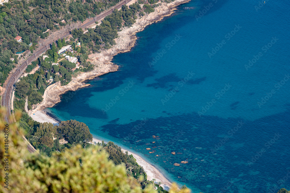 aerial view of the coast of the sea in roquebrune cap martin near Monaco with beautiful blue and turquoise water