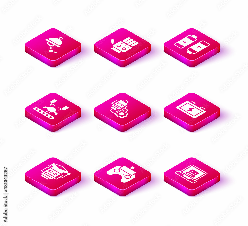Set Robot, Remote control, Robotic robot arm factory, setting, Creating, Battery, and Mechanical hand icon. Vector Set Robot, Remote control, Robotic robot arm factory, setting, Creating, Battery, and Mechanical hand icon. Vector