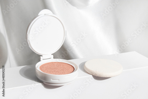 cusion primer powder of foundation cream with compact, product container cosmetic makeup mockup on white background photo