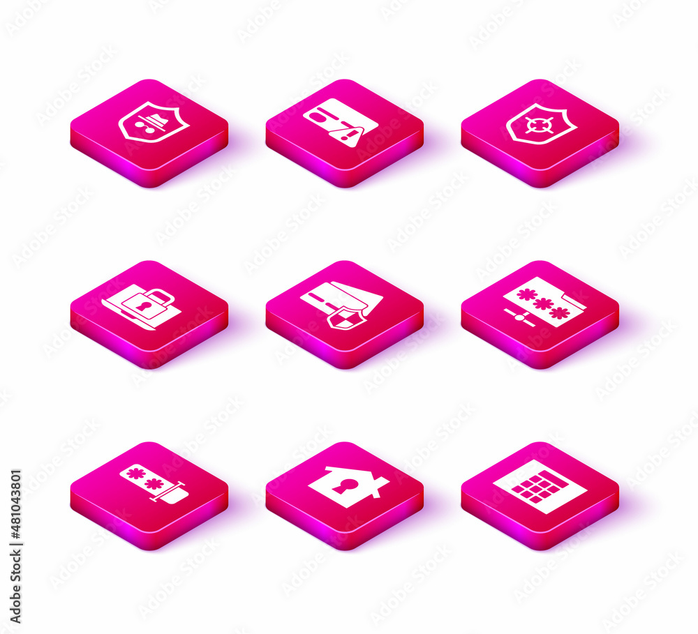 Set Password protection, House under, Laptop and lock, Credit card with shield, Folder password, Shield and icon. Vector Set Password protection, House under, Laptop and lock, Credit card with shield, Folder password, Shield and icon. Vector