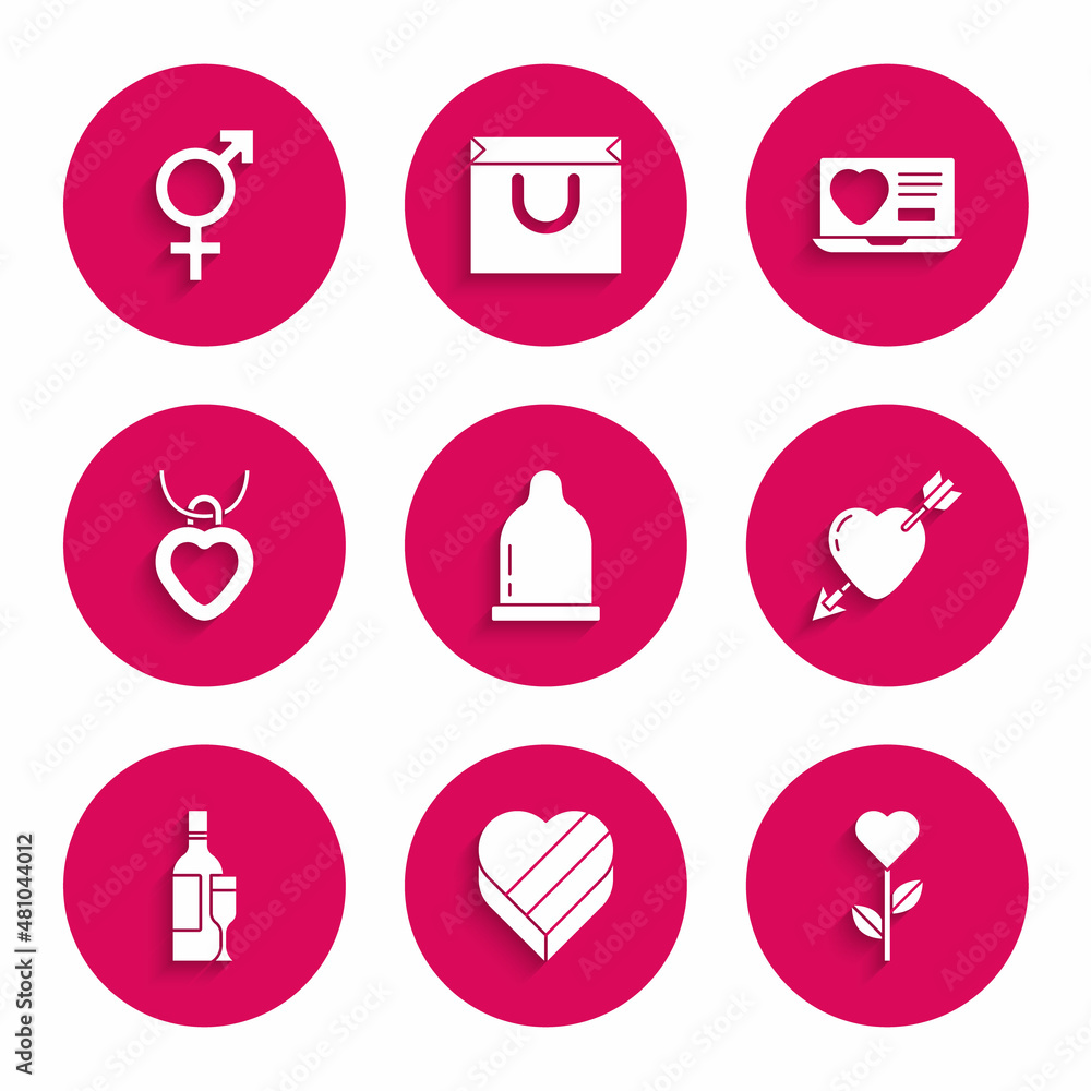 Set Condom, Candy in heart shaped box, Heart flower, Amour with arrow, Champagne bottle, Necklace, Dating app online and Gender icon. Vector Set Condom, Candy in heart shaped box, Heart flower, Amour with arrow, Champagne bottle, Necklace, Dating app online and Gender icon. Vector