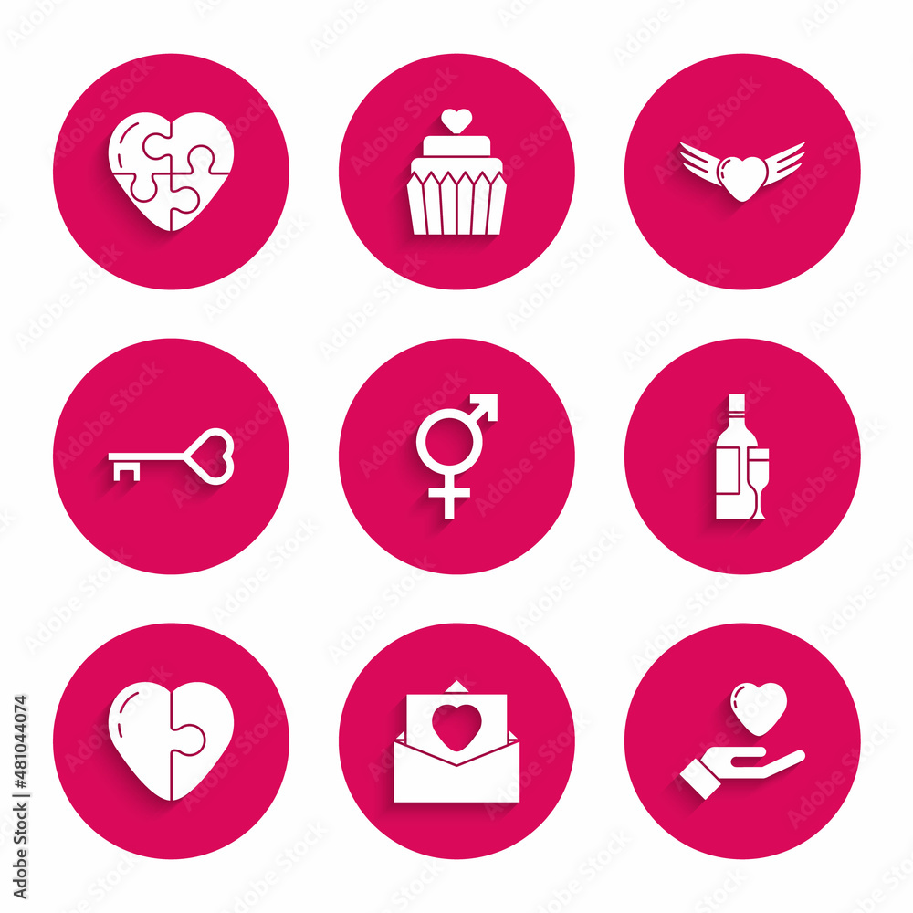 Set Gender, Envelope with Valentine heart, Heart hand, Champagne bottle, Key shape, wings and icon. Vector Set Gender, Envelope with Valentine heart, Heart hand, Champagne bottle, Key shape, wings and icon. Vector